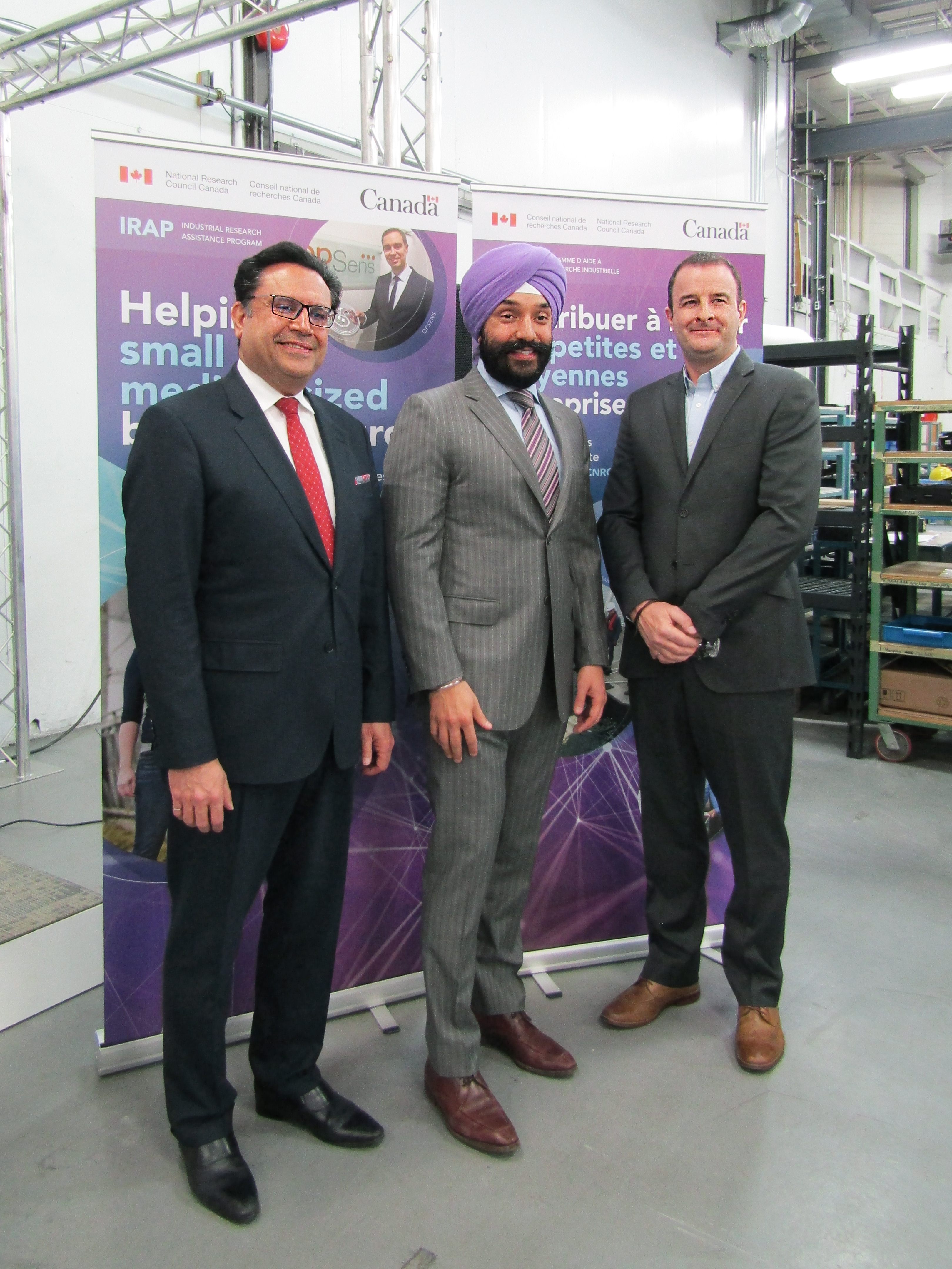 From Left: Richmond Hill's Member of Parliament, Majid Jowhari; The Honourable Navdeep Bains, Minister of Innovation, Science, and Economic Development; Joseph Hutton, Applanix Dir. of Inertial Tech & Airborne Products